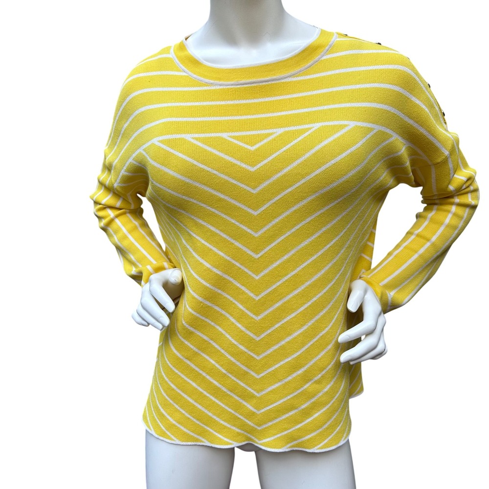 Karen Millen Yellow White Striped Chevron Knit Sweater Silver Button Shoulder L